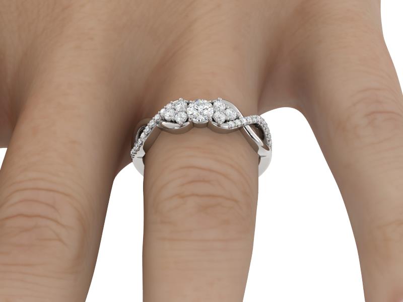 Ring Round Center with Cluster Round Side Stones and Intertwine Band