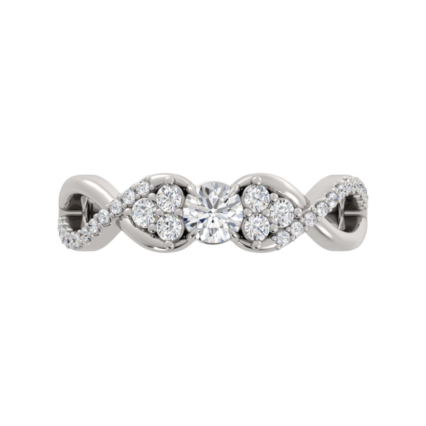 Ring Round Center with Cluster Round Side Stones and Intertwine Band