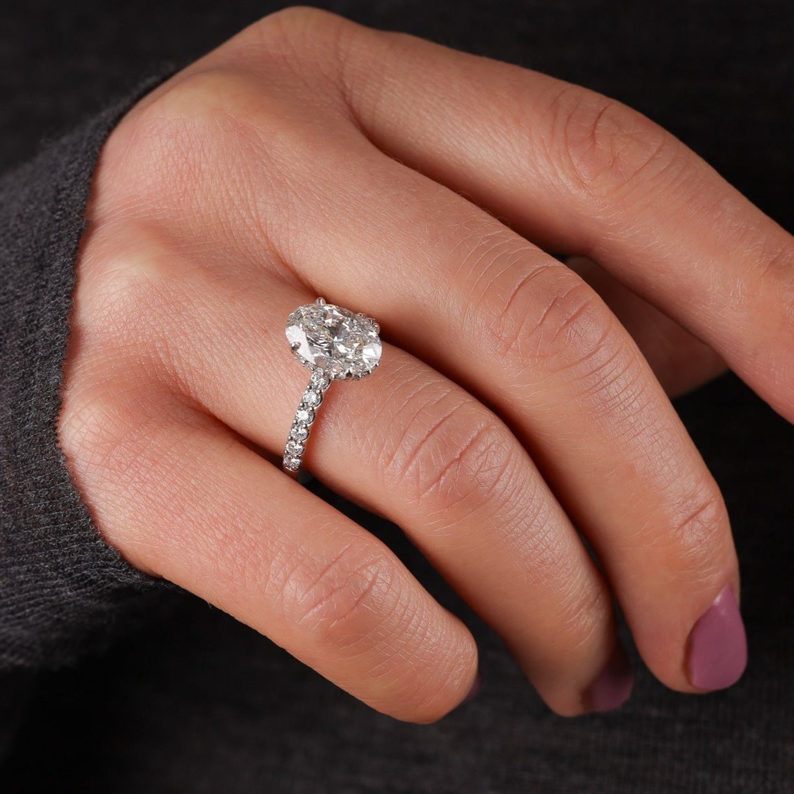 3 Carat Oval Hidden Halo French Pave Engagement Ring