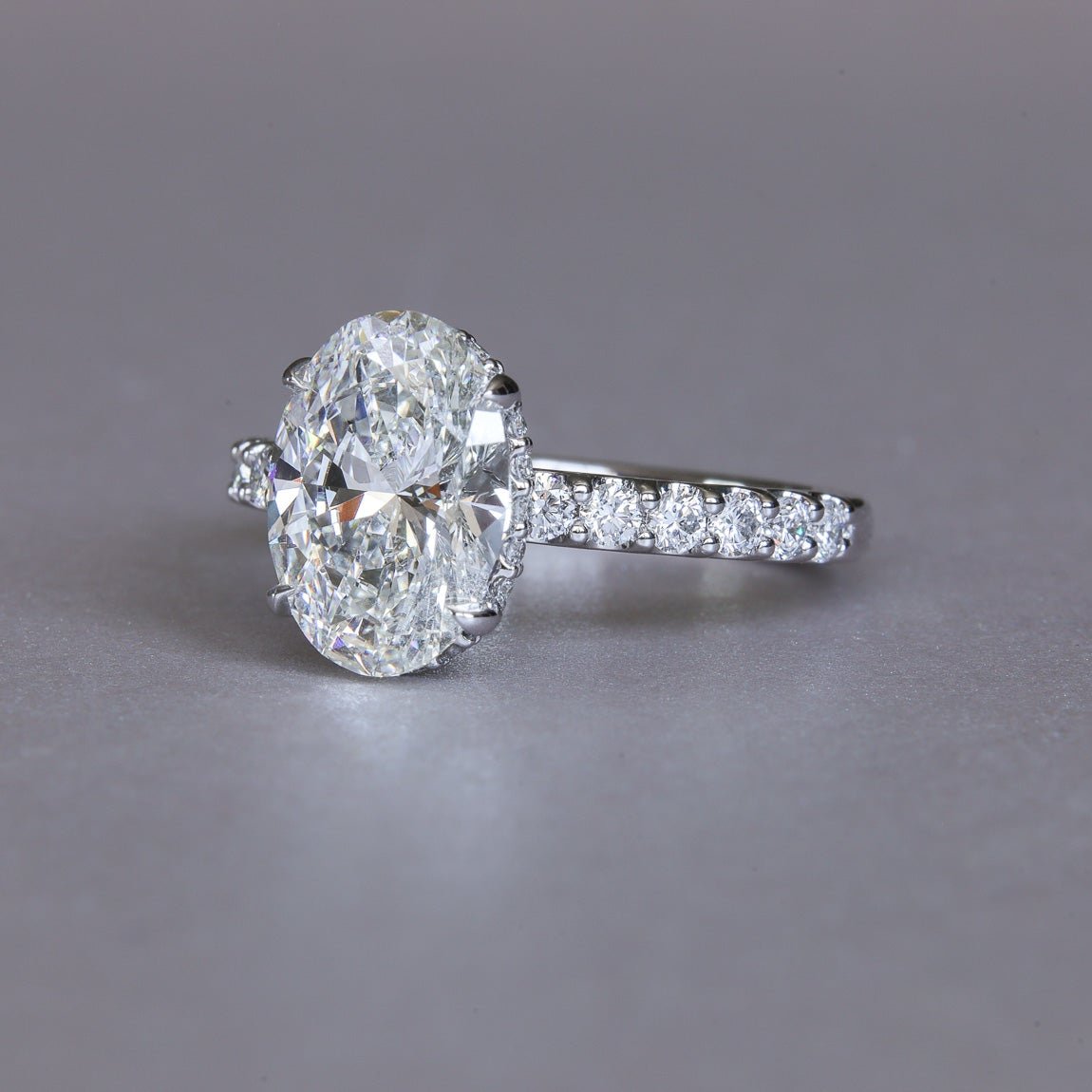 3 Carat Oval Hidden Halo French Pave Engagement Ring