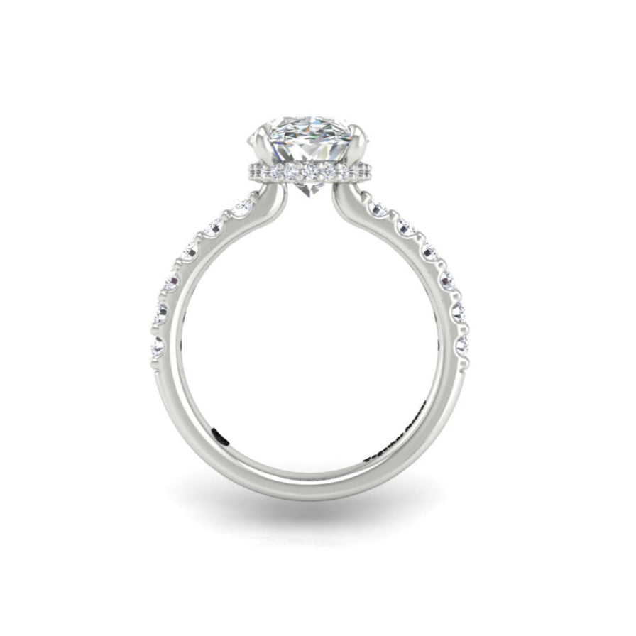 3 Carat Oval Low Profile Engagement Ring with Hidden Halo and Pave Shank