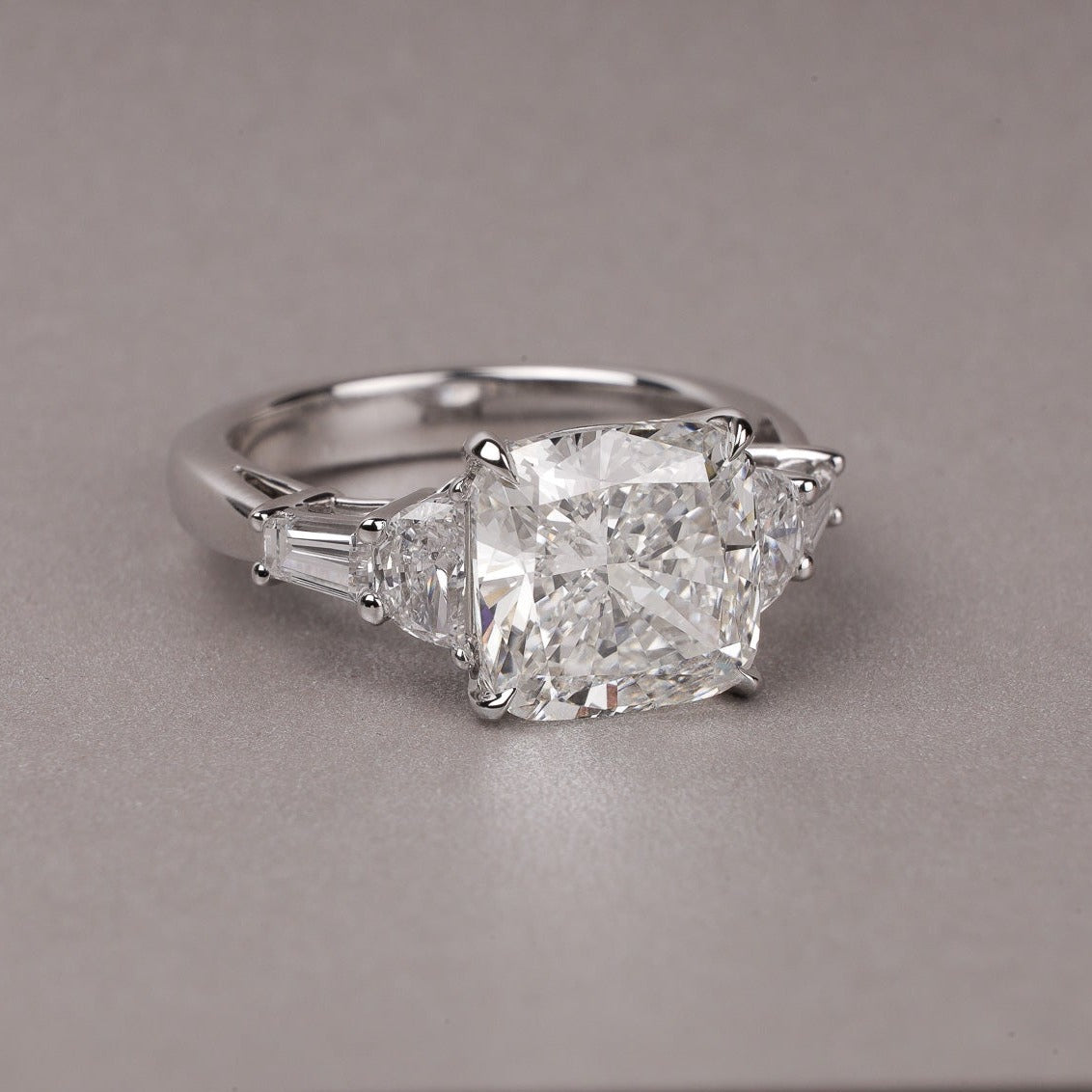 5 Carat Cushion Diamond Ring with Half Moon and Trapezoid Side Stones