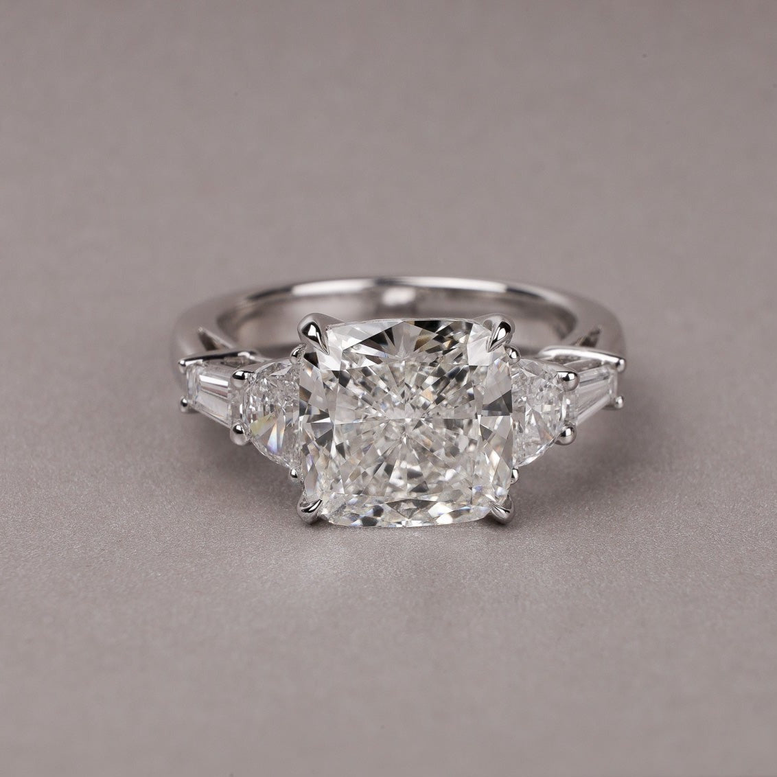 5 Carat Cushion Diamond Ring with Half Moon and Trapezoid Side Stones