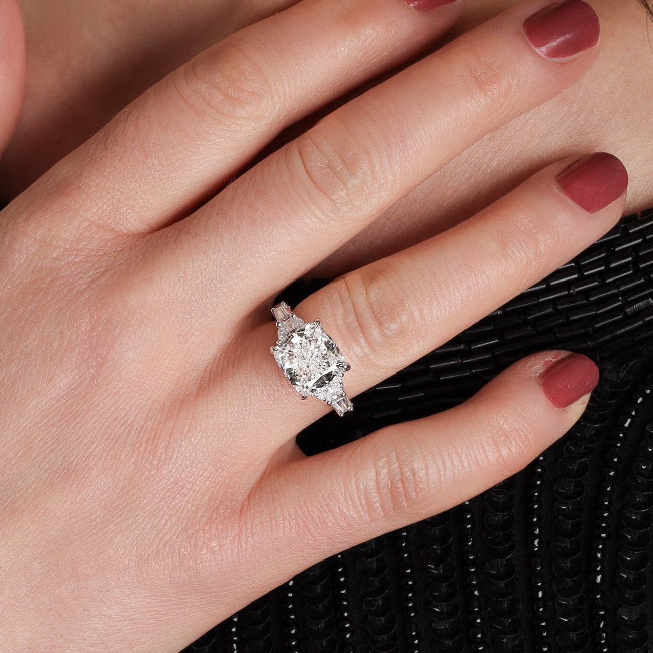 5 Carat Cushion Diamond Ring with Half Moon and Trapezoid Side Stones