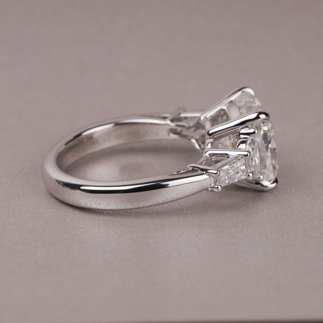 5 Carat Cushion Diamond Ring with Half Moon and Trapezoid Side Stones Ring front