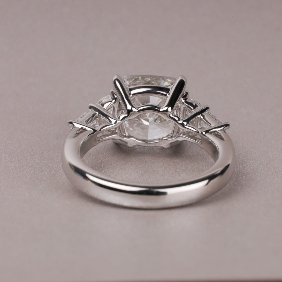 5 Carat Cushion Diamond Ring with Half Moon and Trapezoid Side Stones