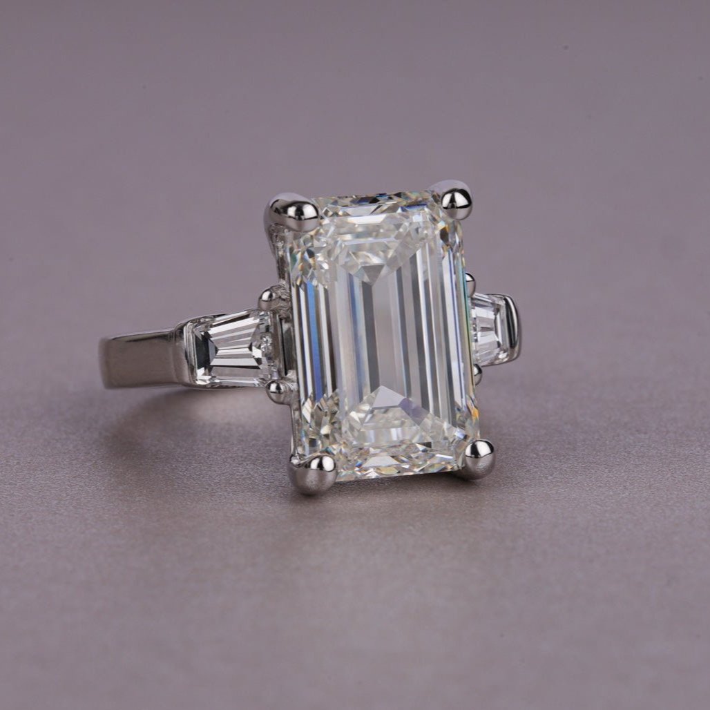 8 Carat Emerald Three Stone Diamond Ring