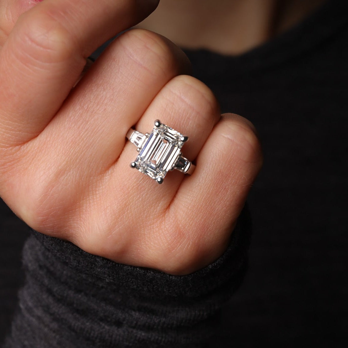 8 Carat Emerald Three Stone Diamond Ring