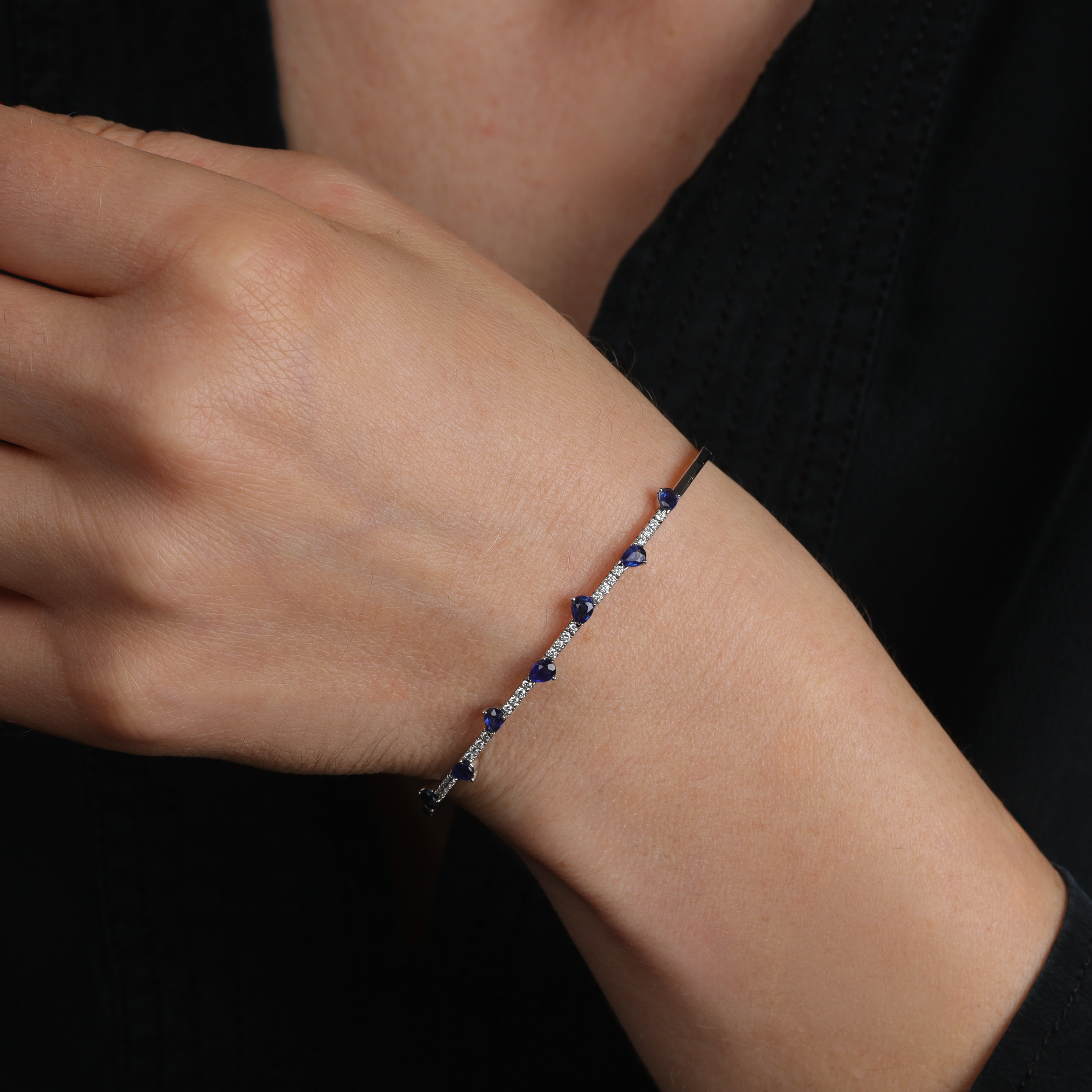 Alternating Round Diamond and Pear Shape Sapphire Flexible Bangle Bracelet