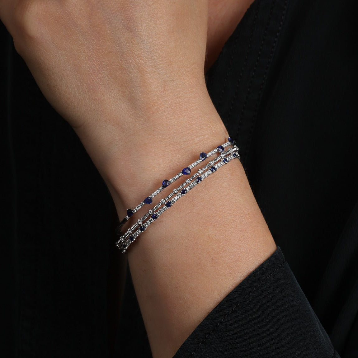 Alternating Round Diamond and Sapphire Flexible Bangle