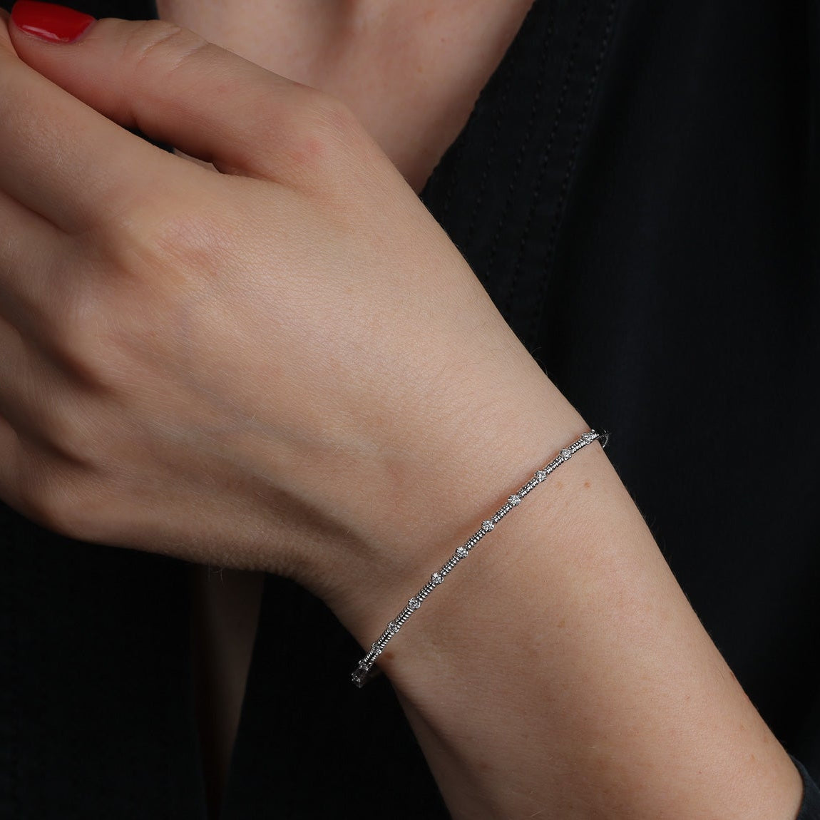 Diamond Stationed Textured Flexible Bangle Bracelet