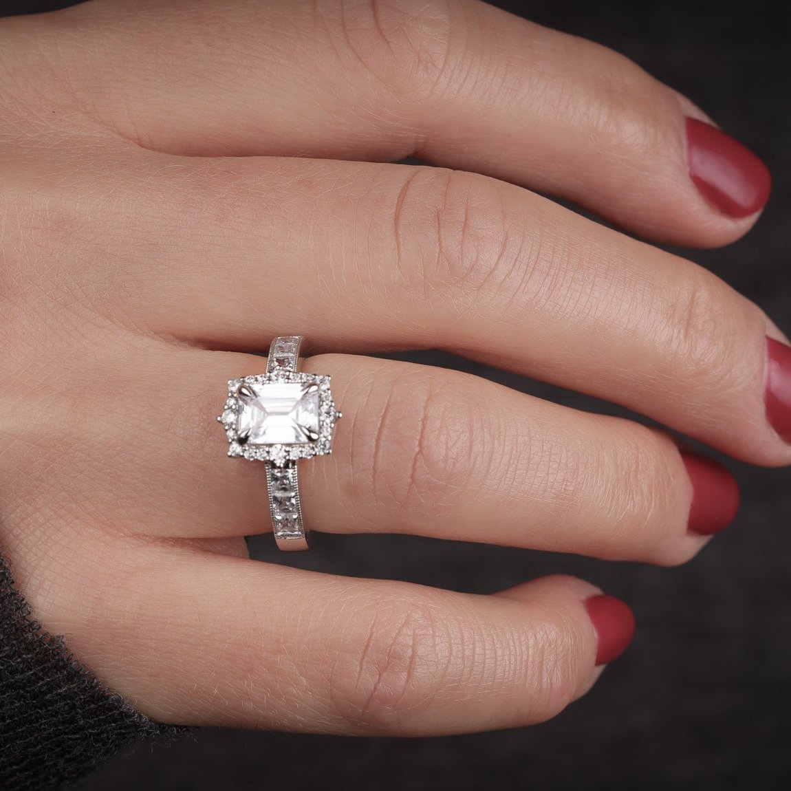 Emerald Art Deco Princess Halo Invisible Setting Millgrain Low Profile