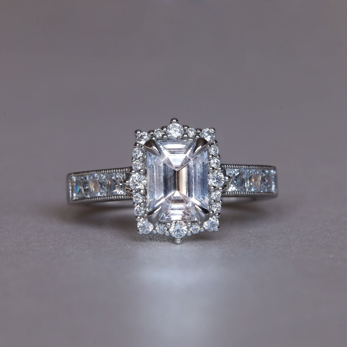 Emerald Art Deco Princess Halo Invisible Setting Millgrain Low Profile