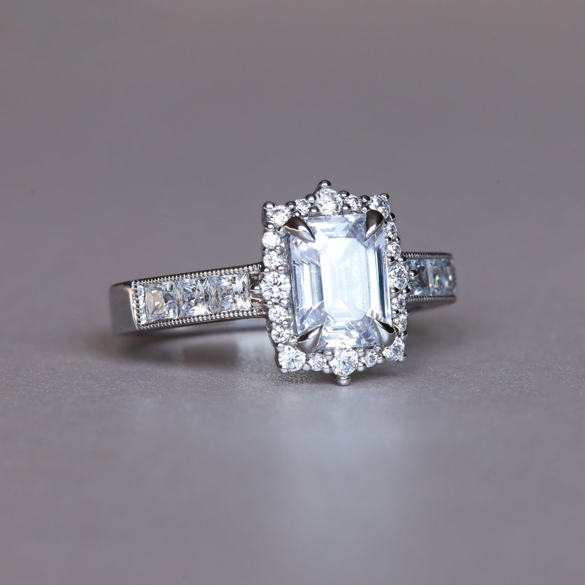 Emerald Art Deco Princess Halo Invisible Setting Millgrain Low Profile