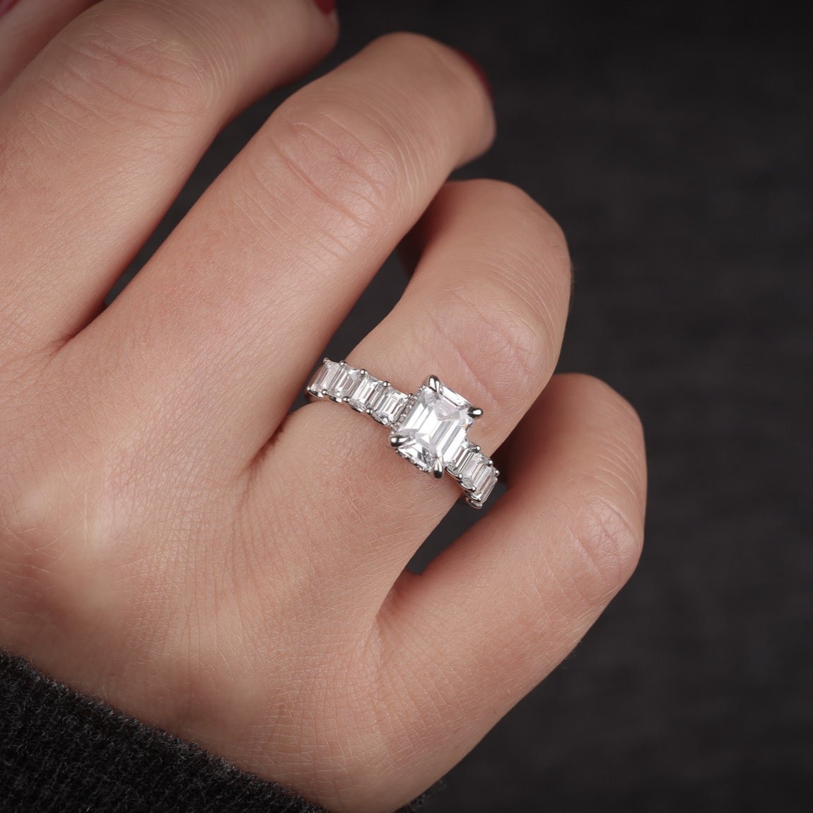 Emerald Engagement Ring 2 Carat Emerald Center Side Stones Hidden Halo