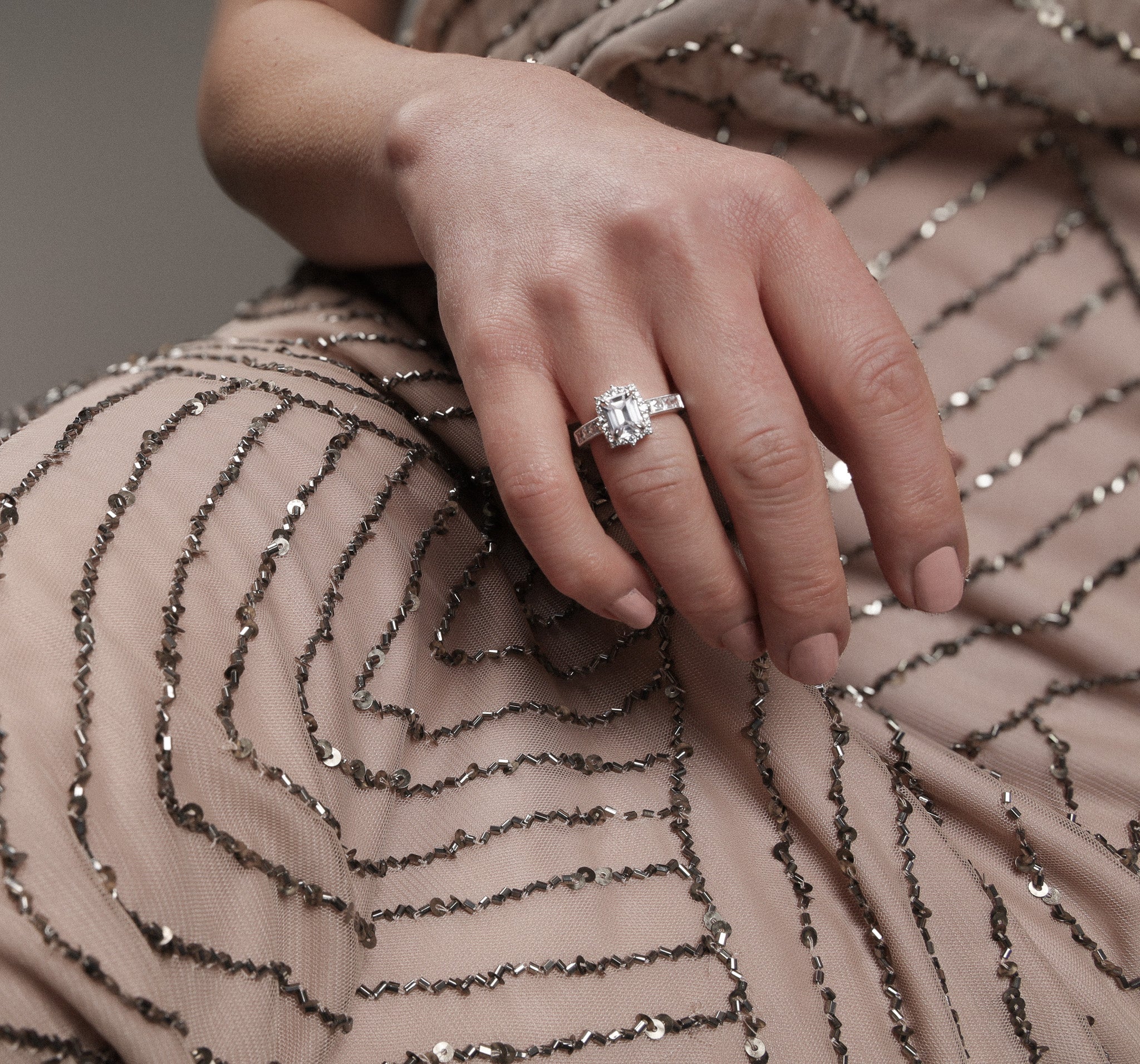 Emerald Art Deco Ring With Princess Halo Invisible Setting Millgrain Low Profile