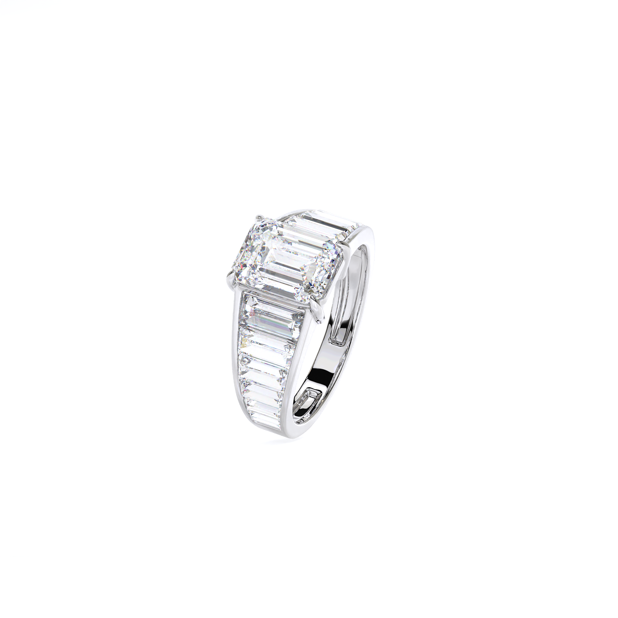 Engagement Ring Graduated Emerald Tapered Baguettes Diamonds Invisible Setting Art Deco