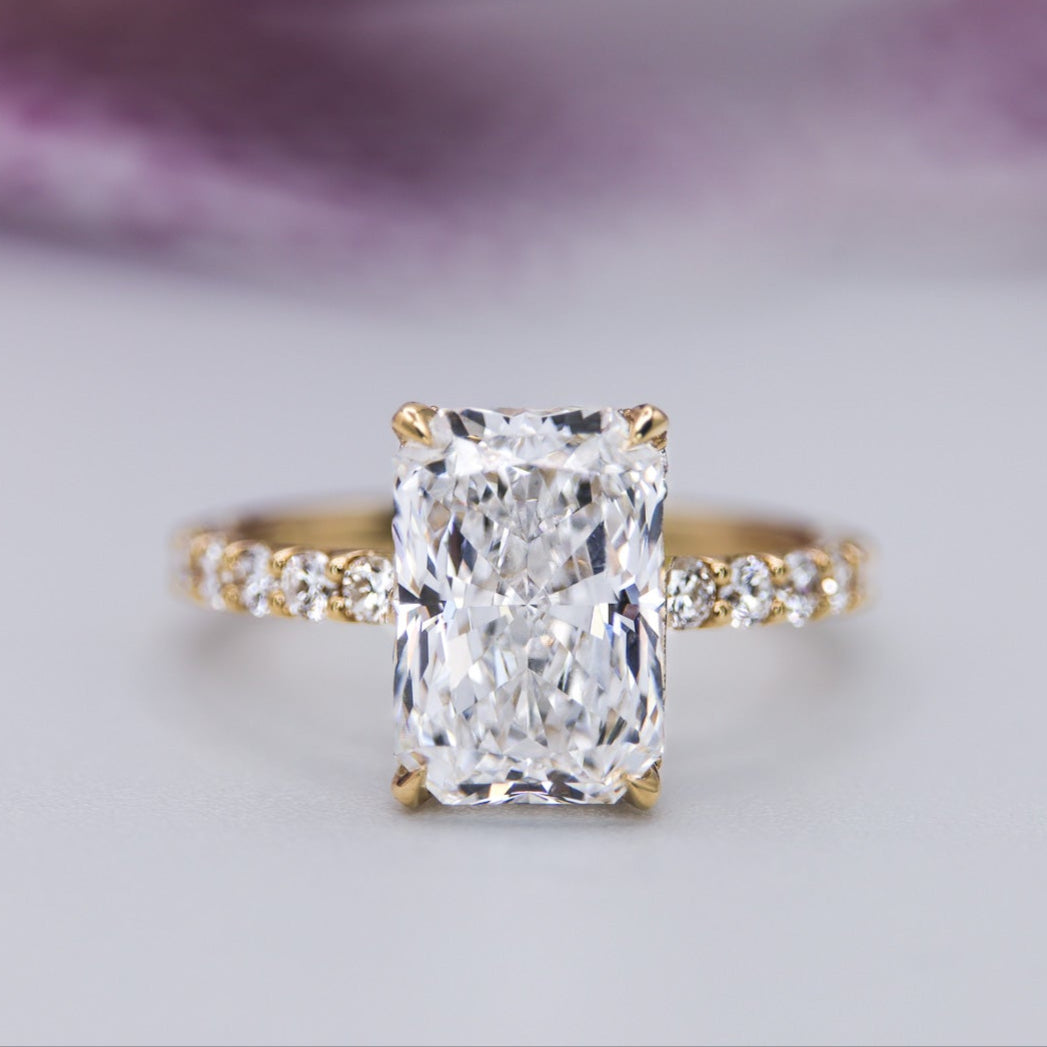 Engagement Ring Low Profile Radiant Diamond Hidden Halo Pave Band