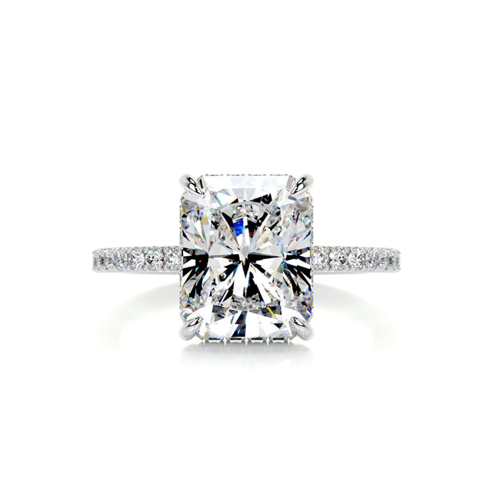 Engagement Ring Radiant Cut 4 Carat Lab Diamond Hidden Halo Pave Band