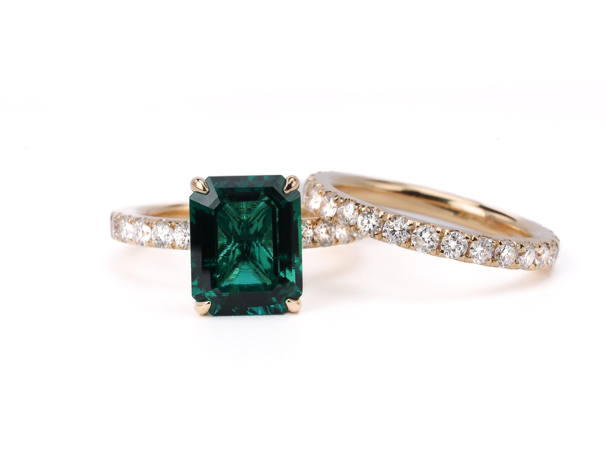 Engagement Ring Emerald Cut Lab Emerald French Pave Set