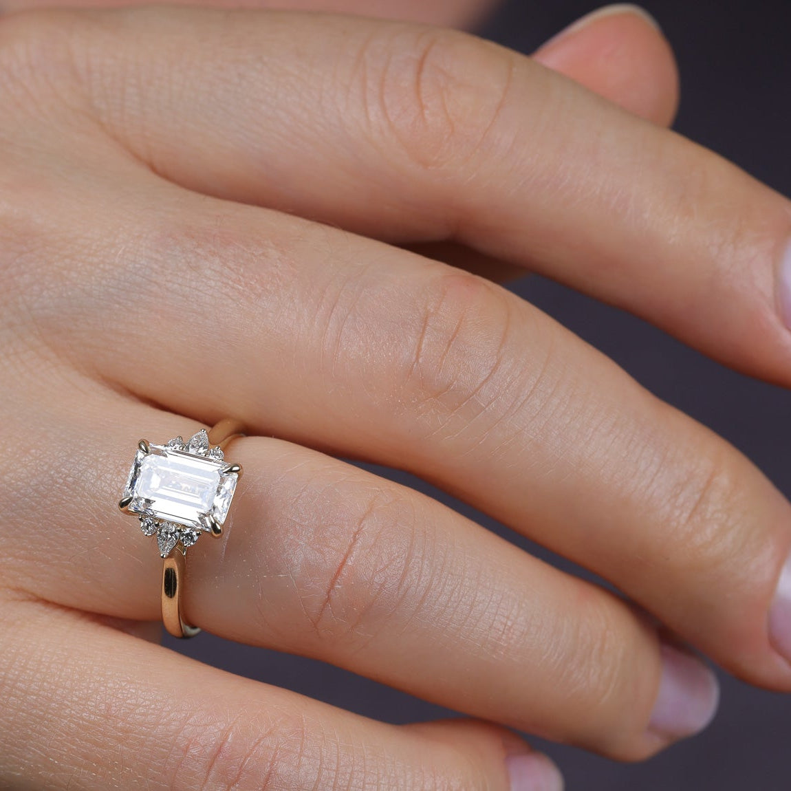 Engagement Ring Emerald With Pear and Round Side Stones