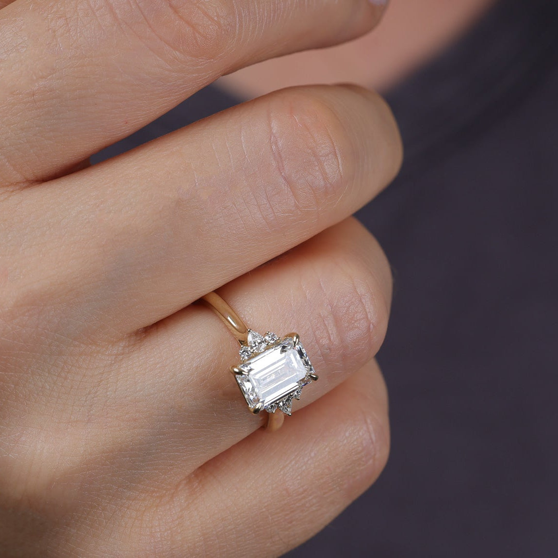 Engagement Ring Emerald With Pear and Round Side Stones