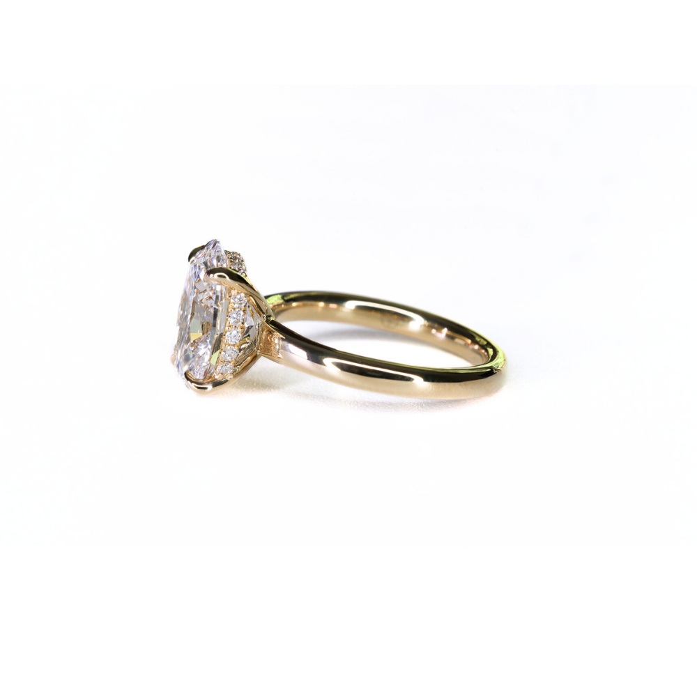 Engagement Ring Low Profile Oval Solitaire Hidden Halo Yellow Gold