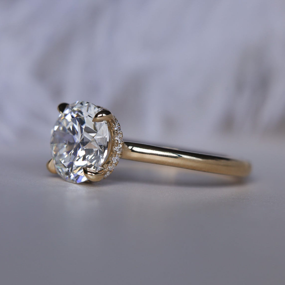 Engagement Ring Low Profile Round Cut Solitaire Setting Hidden Halo Open