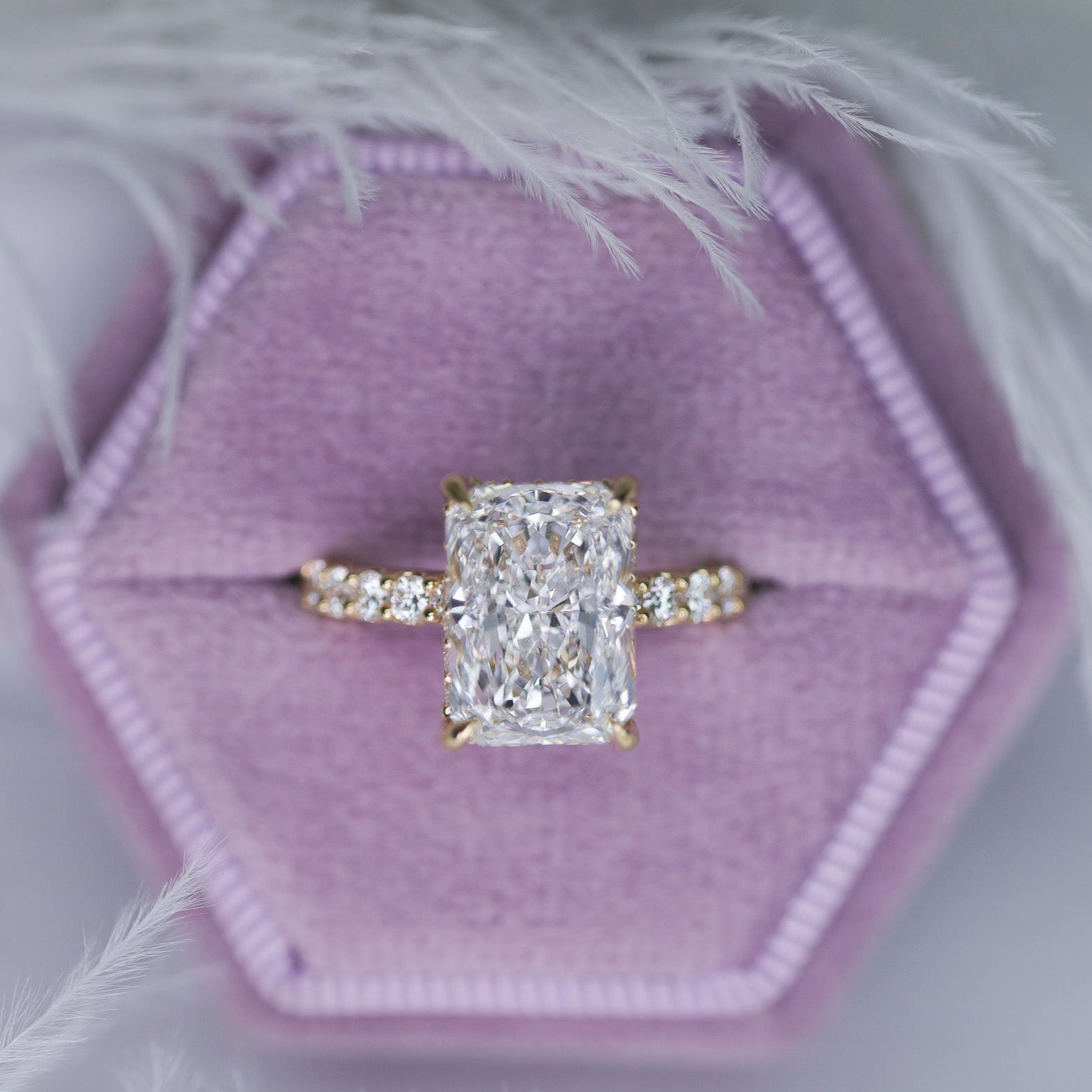 Engagement Ring Radiant Diamond Hidden Halo Pave Band