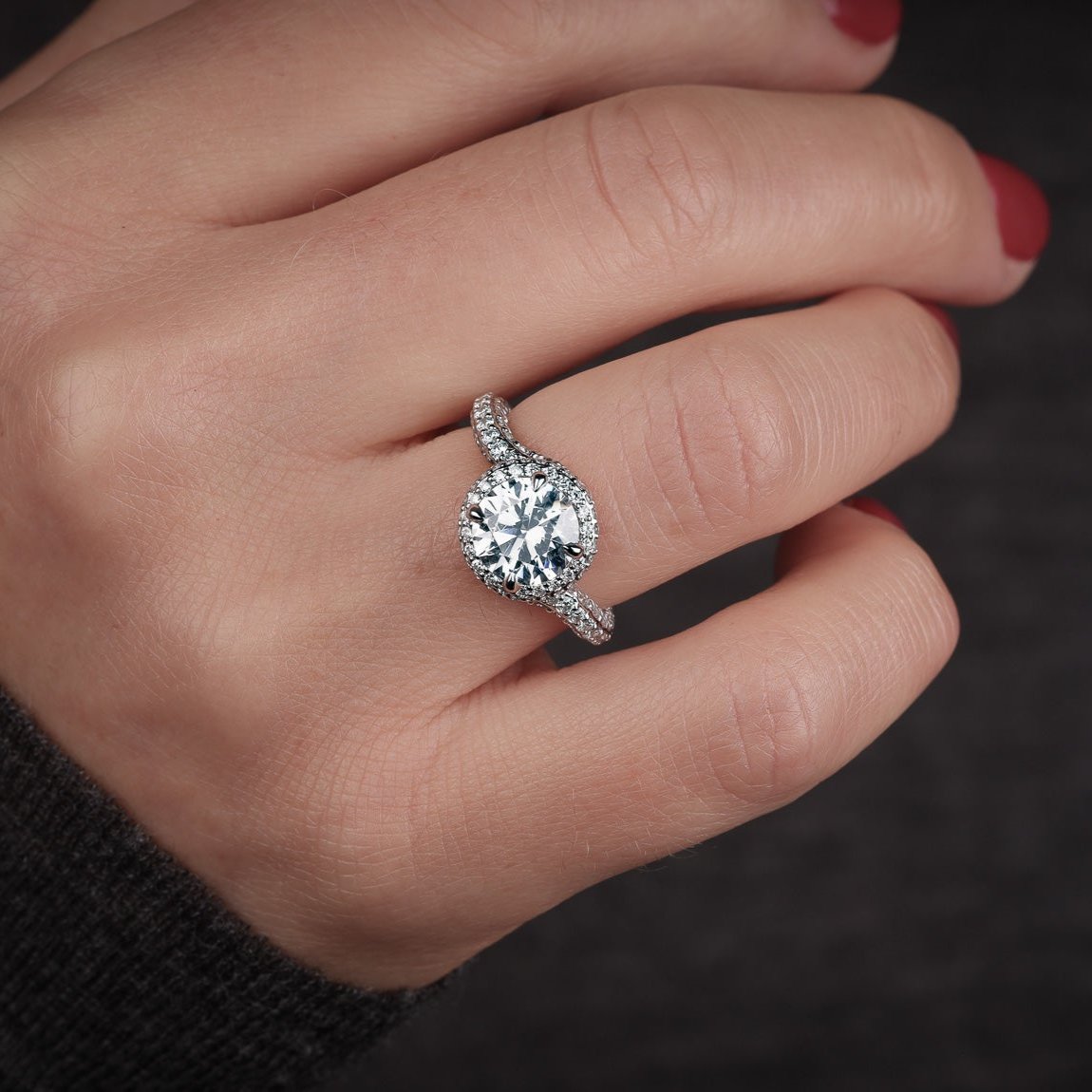 Forever Bong Bypass Engagement Ring 2 Carat Round Diamond Pave Halo