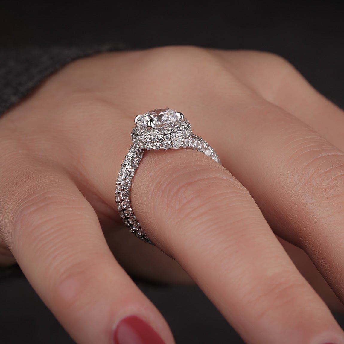 Forever Bong Bypass Engagement Ring 2 Carat Round Diamond Pave Halo