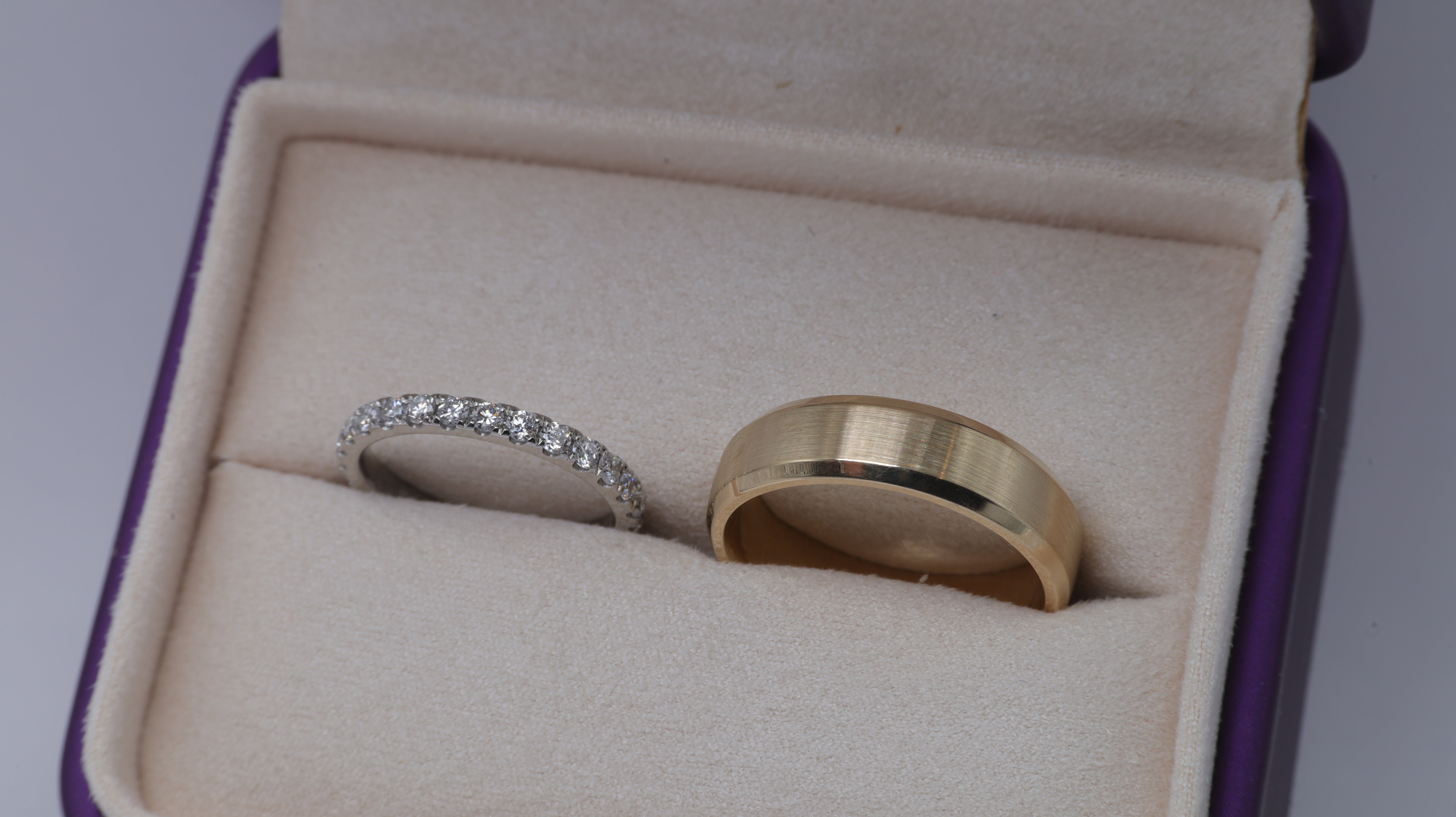 Pedro: 14k YG Bezel Band + Carly: Eternity Platinum
