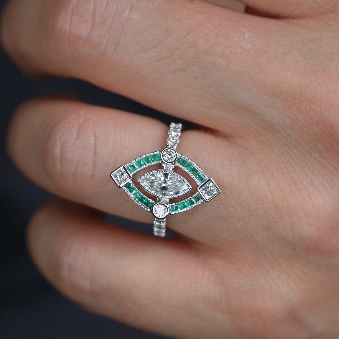 Marquise Art Deco Ring Marquise Center And Natural Emerald