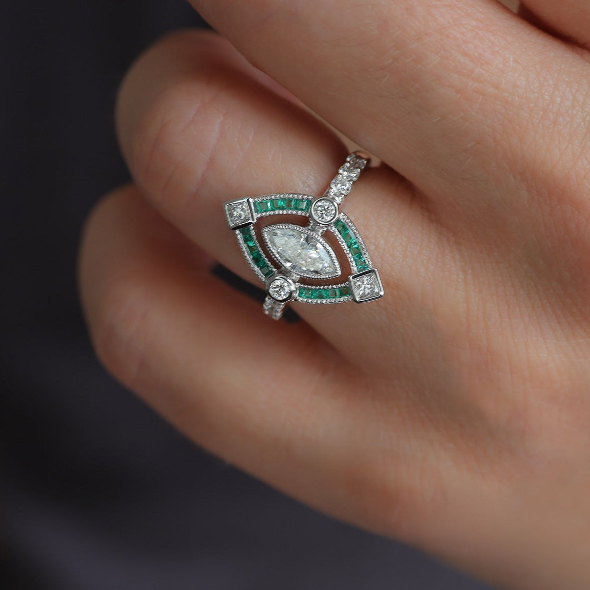 Marquise Art Deco Ring Marquise Center And Natural Emerald
