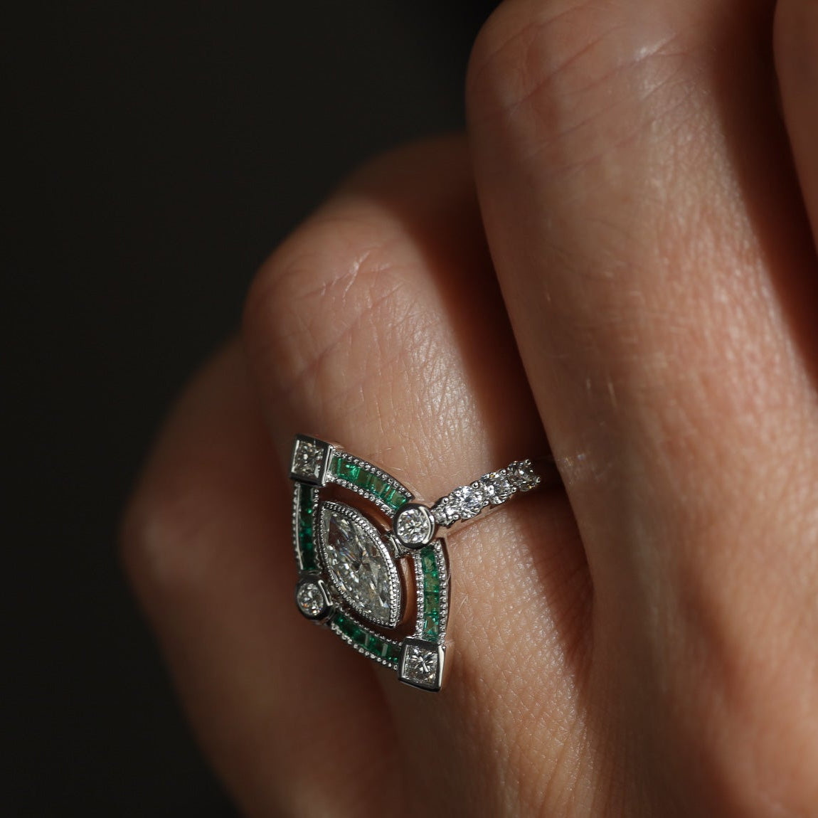 Marquise Art Deco Ring Marquise Center And Natural Emerald