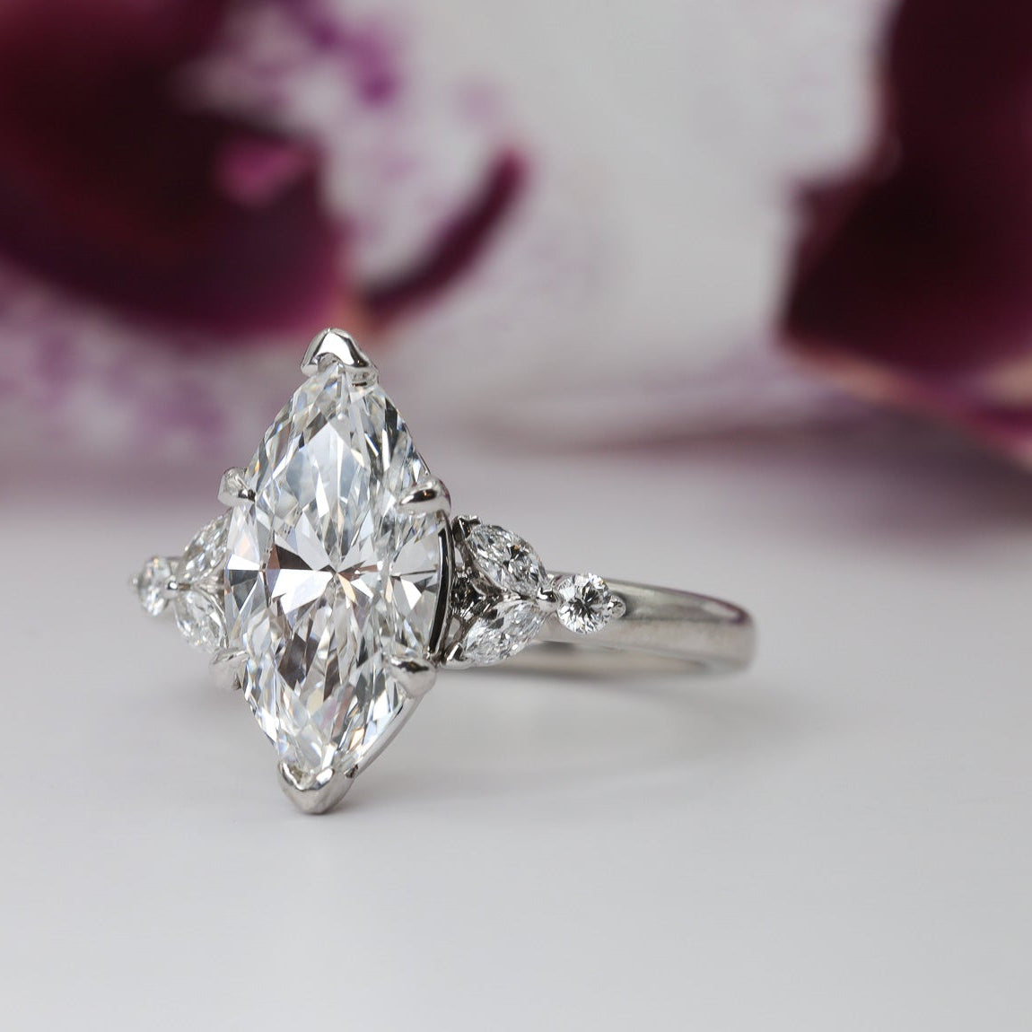 Marquise Center With Side Marquise & Round Side Diamond Engagement Ring