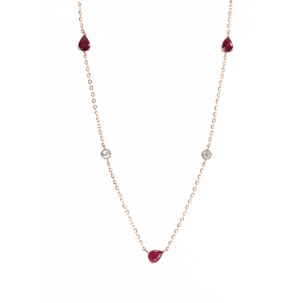 Necklace Ruby Pear and Diamond Round Bezel Diamond by the Yard