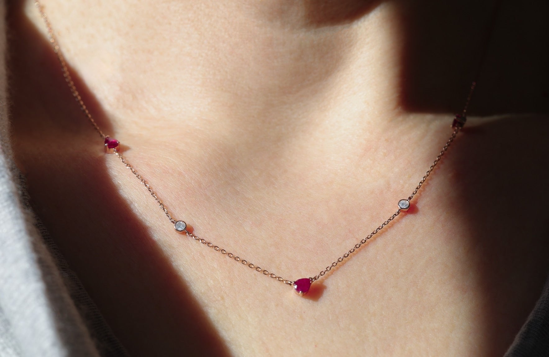 Necklace Ruby Pear and Diamond Round Bezel Diamond by the Yard