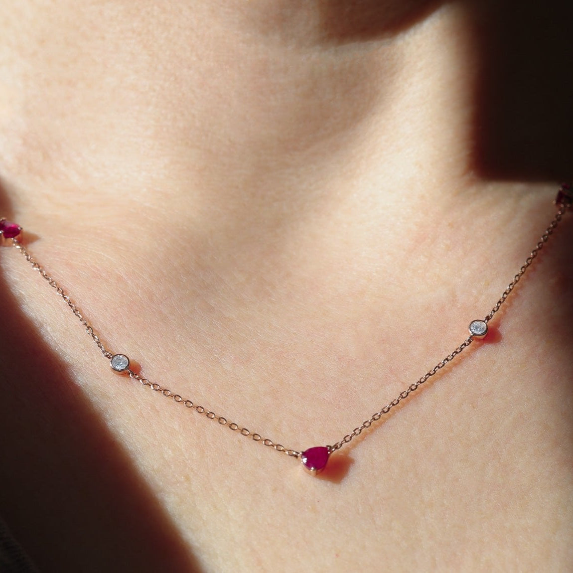 Necklace Ruby Pear and Diamond Round Bezel Diamond by the Yard