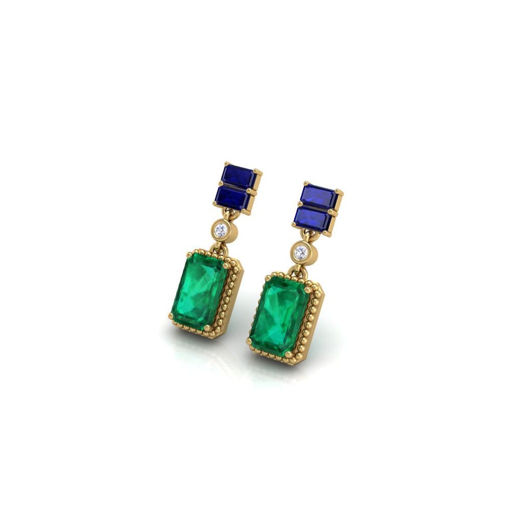Sapphire Emerald and Diamond Dangle Earrings