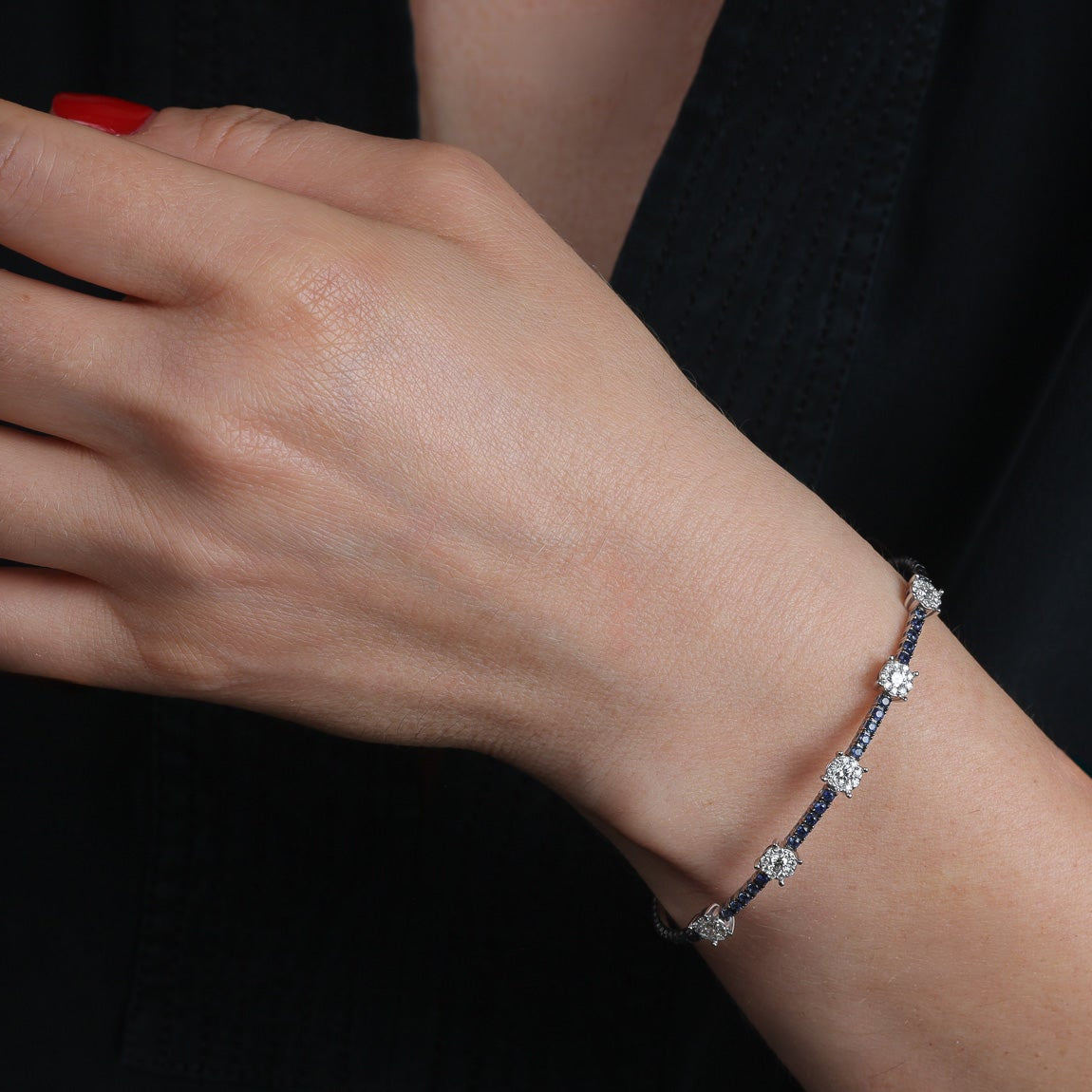 Sapphire and Cluster Diamond Flexible Bangle Bracelet