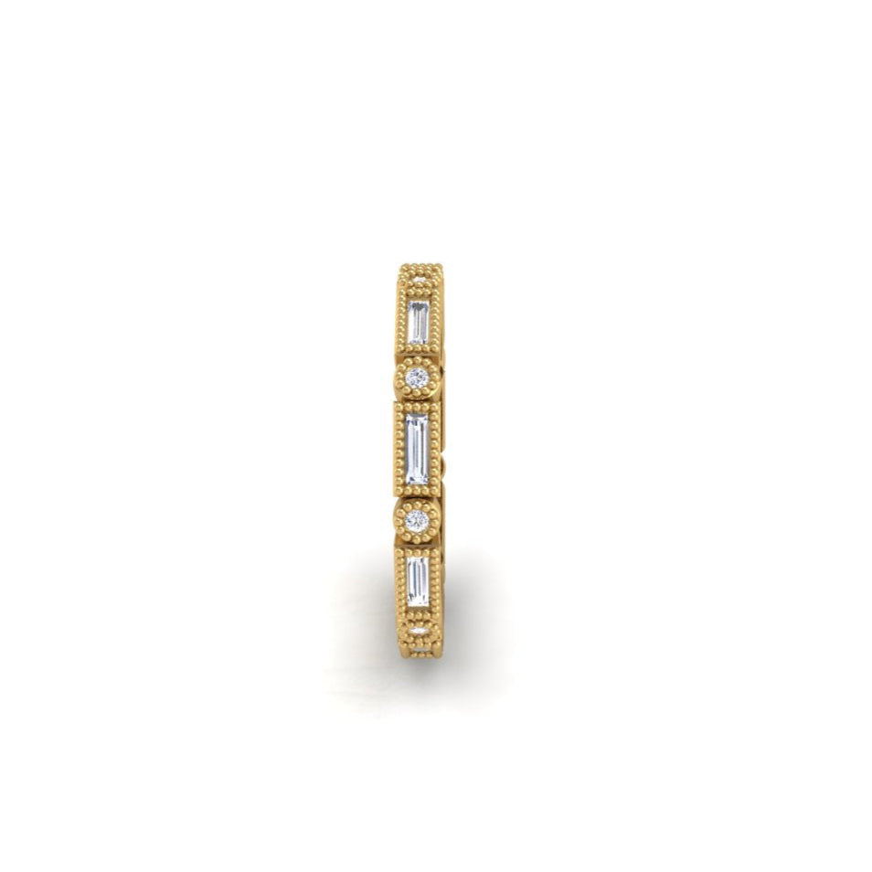 Stacking Eternity Wedding Band Art Deco Emerald and Round 2mm Wide Yellow Gold