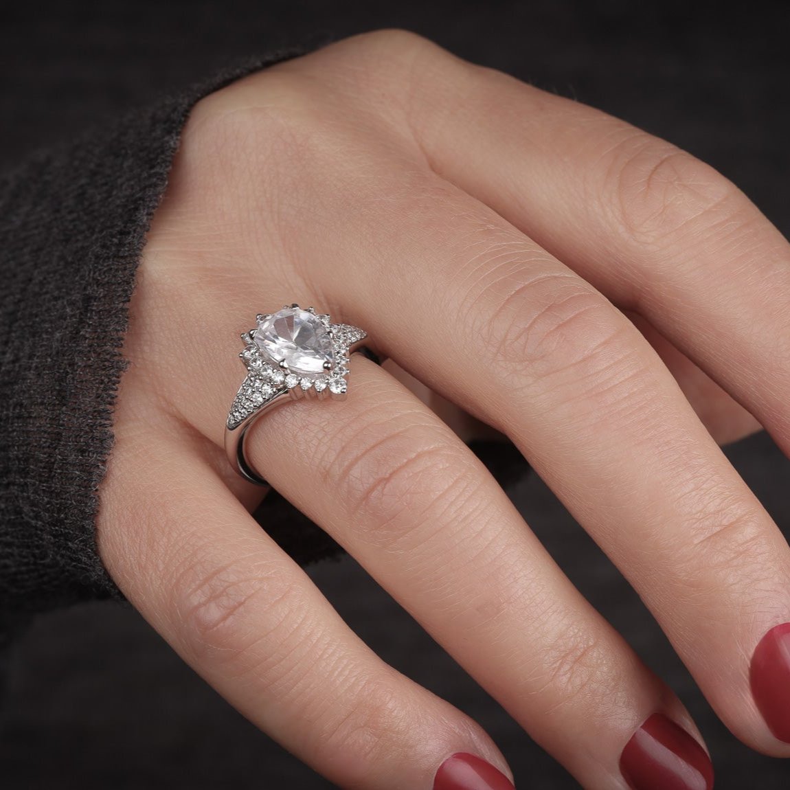 Sunrise Engagement Ring 2 Carat Pear Halo with Pave Shank