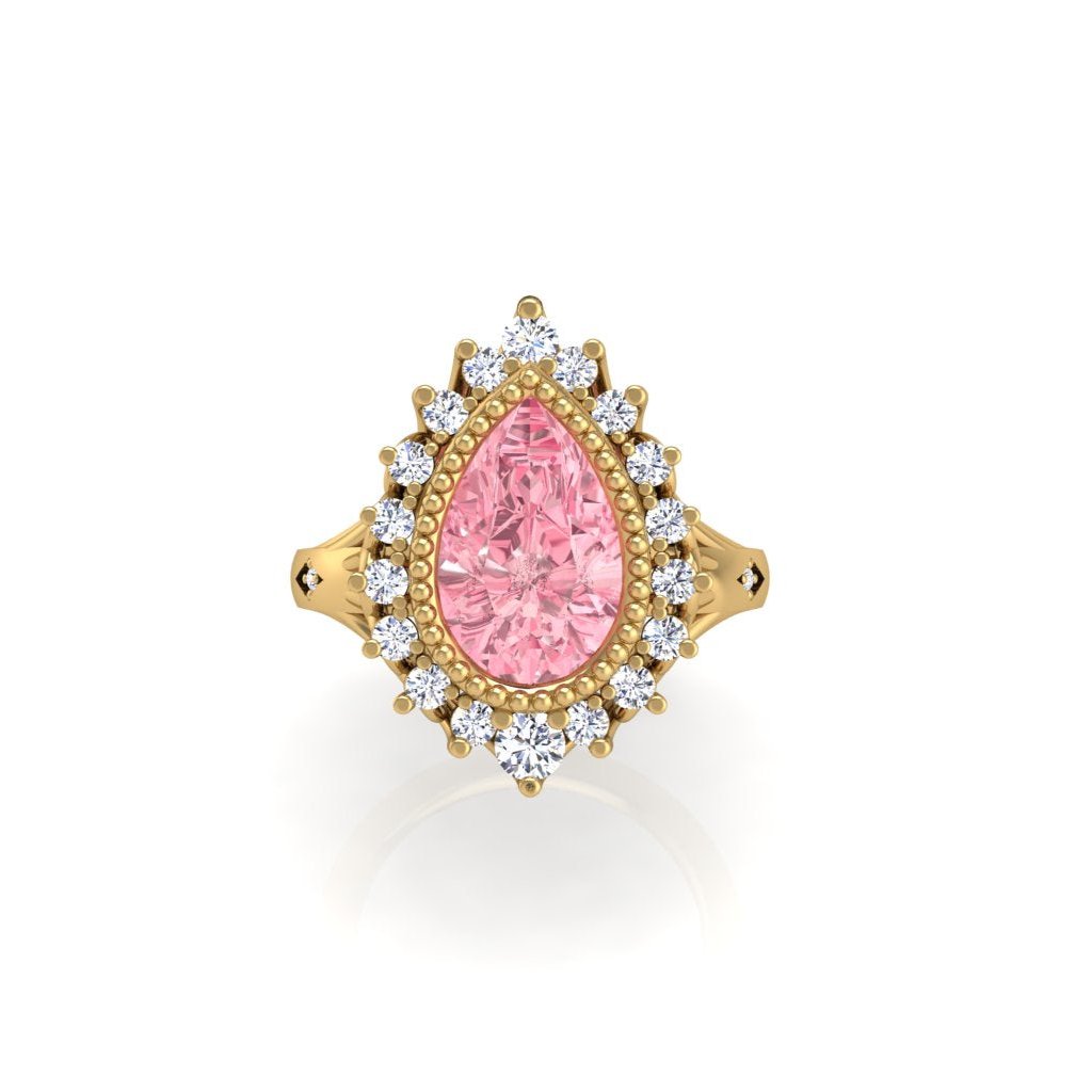 Sunrise Pear Sapphire Ring Millgrain and Halo