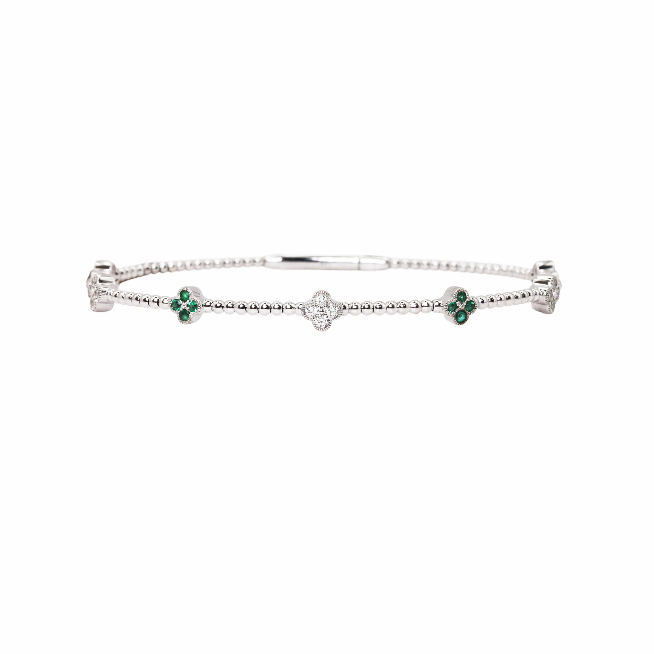 White Gold Stationed Clover Diamond and Emerald Flexible Bangle