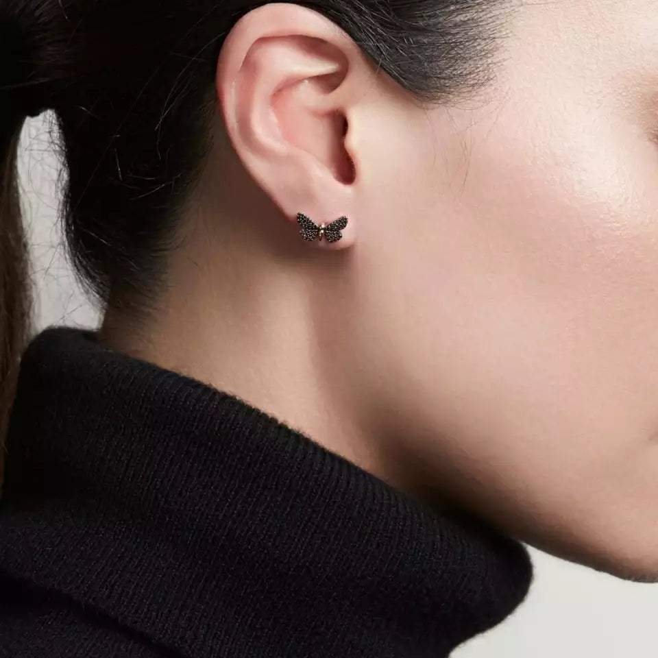 Black Diamond Butterfly Earrings In Rose 14k Gold.