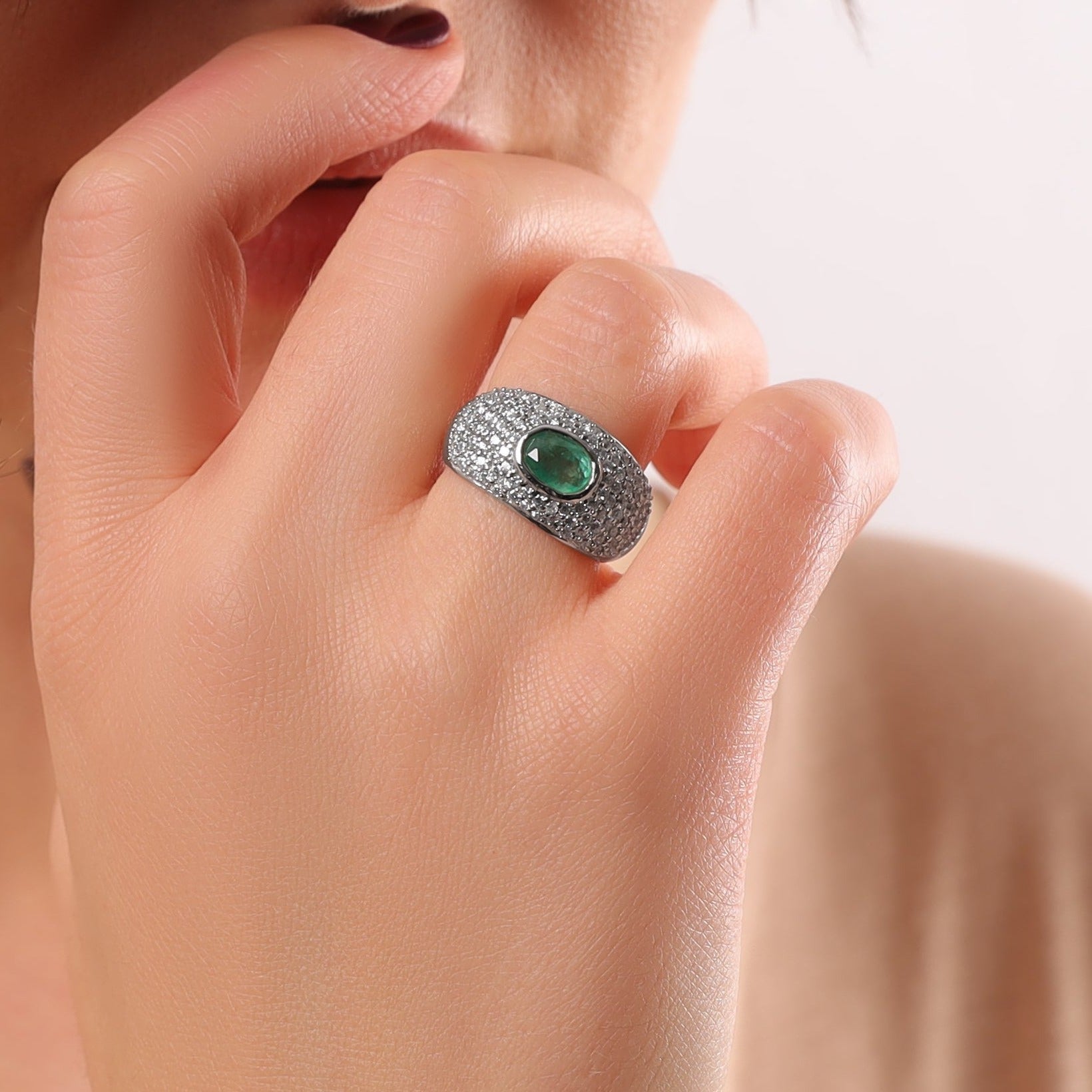 Silver Pave Emerald Dome