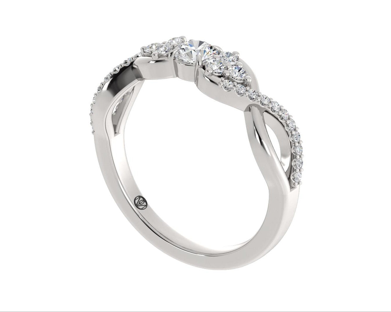 Ring Round Center with Cluster Round Side Stones and Intertwine Band