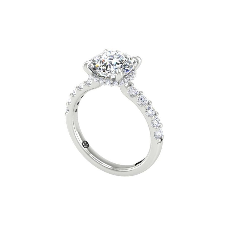 3 Cushion Low Profile Engagement Ring with Hidden Halo and Pave