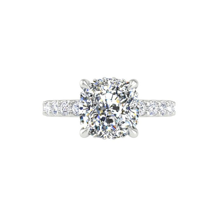 3 Cushion Low Profile Engagement Ring with Hidden Halo and Pave